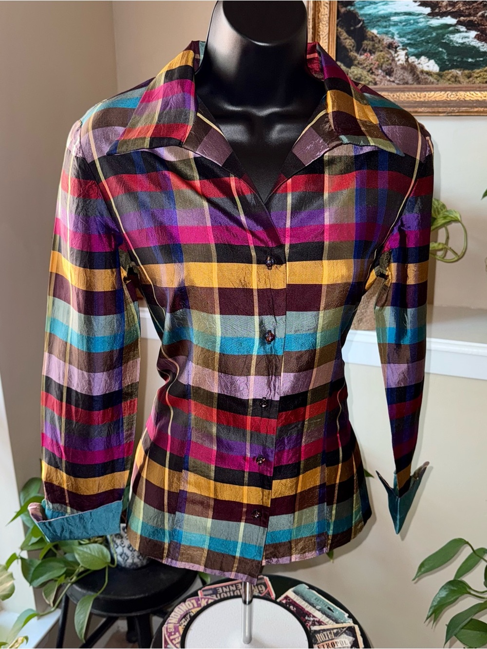 Marisa Baratelli Vibrant Multicolor Plaid 100% Thai Silk Blouse